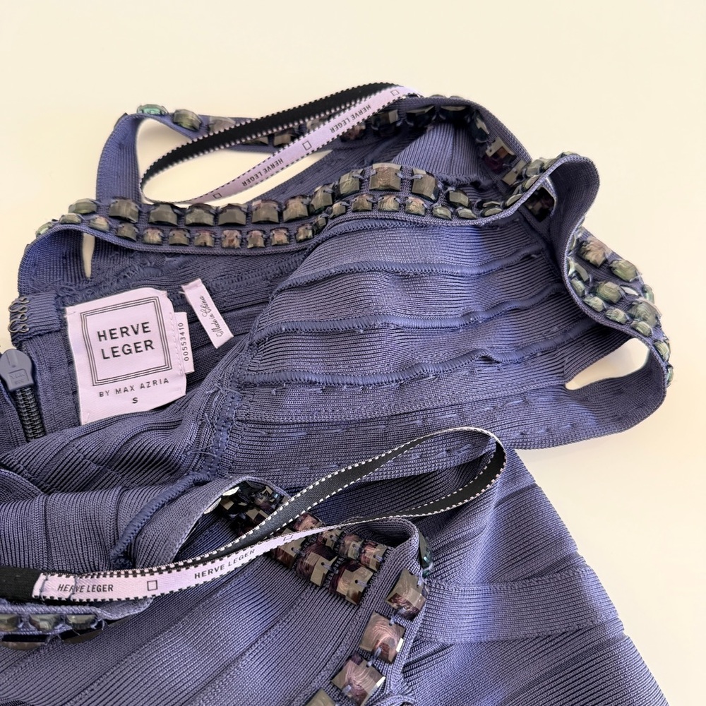 Herve Leger Navy V-Neck embellished Strap Midi Dress - Picture 7 of 8